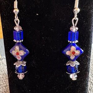 Handcrafted Blue Cloisonné Floral Earrings